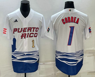Men%27s Puerto Rico Baseball #1 Carlos Correa Number White 2023 World Baseball Classic Stitched Jerseys